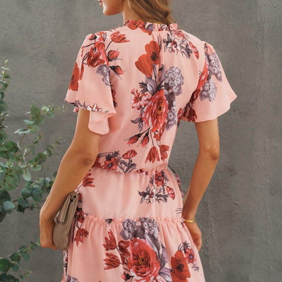 Printed Frill Trim Tie-Neck Flutter Sleeve Dress - Picture 2 of 9